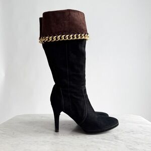 Carisma black brown suede gold chain knee high heeled boots size‎ 9.5